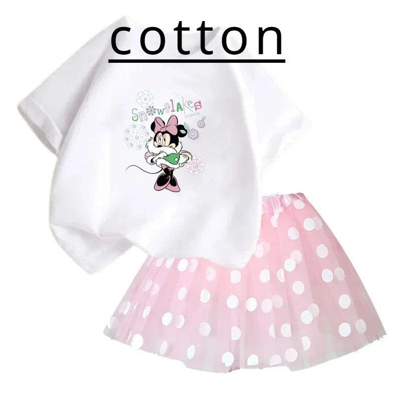 Disney Mickey Child Cotton T-shirt Fluffy Ballet Princess Tutu Skirt 2 Piece Set Baby Clothes Girl Birthday Lace Skirt Suit