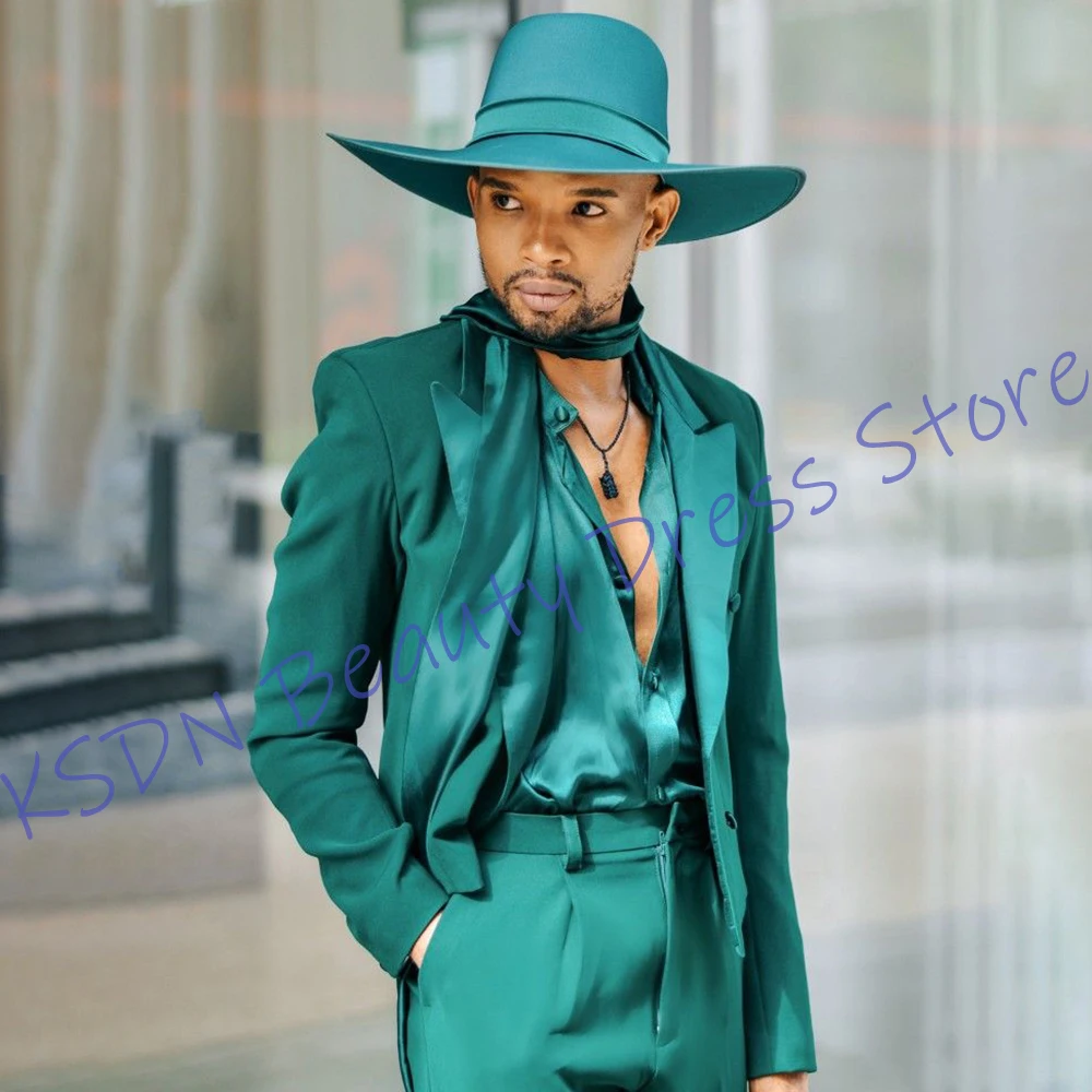 

Emerald Green Men's Suits Double Breasted Elegant Jacket+Pants Trendy Casual Formal 2 Piece Set for Male Party Wedding