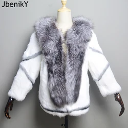 Real Natural Women's Rabbit Fur Coat Fox Fur Collar Large Size Rabbit Skin Women Winter Coats Black Woman's Casual Autumn Coat