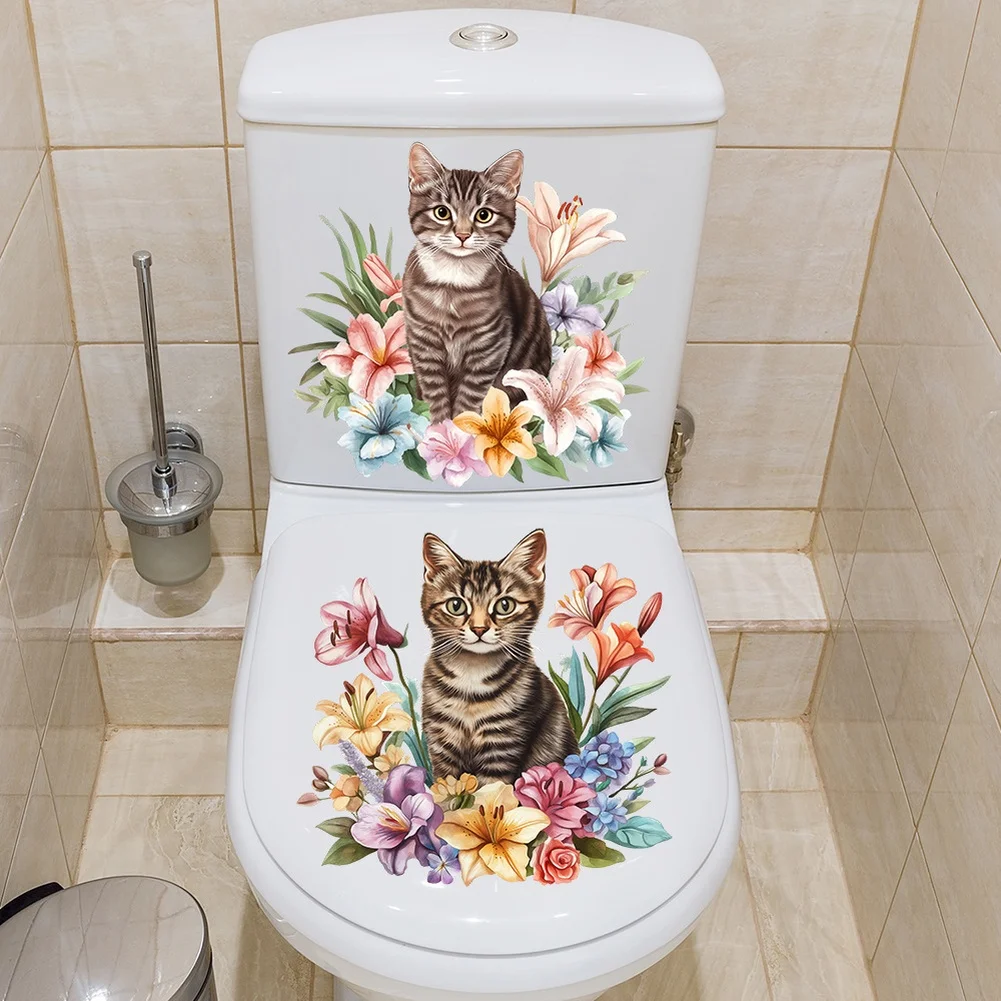 Cute Cat and Flower Wall Sticker for Bathroom Decor Waterproof PVC Decal for Toilet Walls Tiles Glass 23x22cm Brown