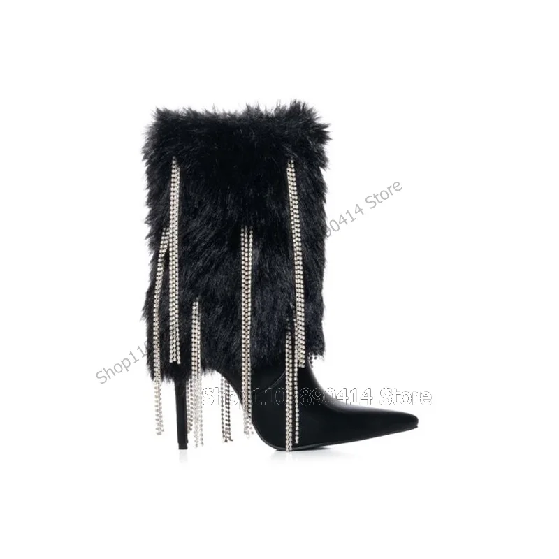 Black Fur Crystal Tassels Decor Pointed Toe Boots Mid Calf Women Shoes Thin High Heels Fashion Runway 2023 Zapatos Para Mujere