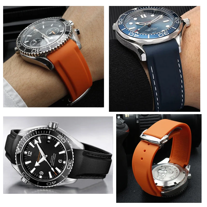 Bandas de silicona de goma de extremo curvo para reloj Omega Seamaster 300 Speedmaster, correa de reloj de marca, 20mm, 22mm, Azul, Negro, naranja