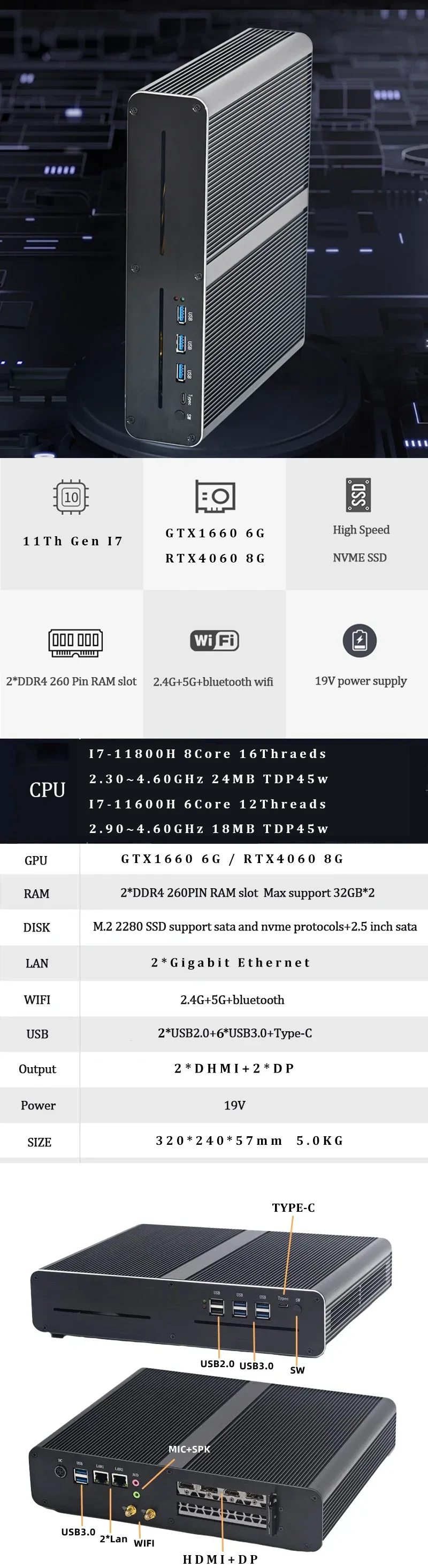 11th Gen Upgraded Version MINI Gaming PC Intel Core I7-11800H RTX 3070 8G RTX3060M 12G RTX4060 8G GPU 2 * DDR4 4 Screen Output