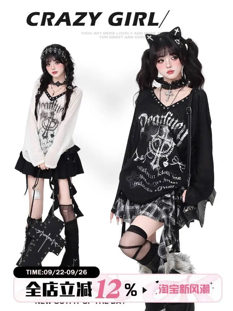 

Gothick Punk T-shirt 2025 New Women's Subculture V Neck Unique Design Loose Thin Long Sleeve T Shirt Spring Autumn