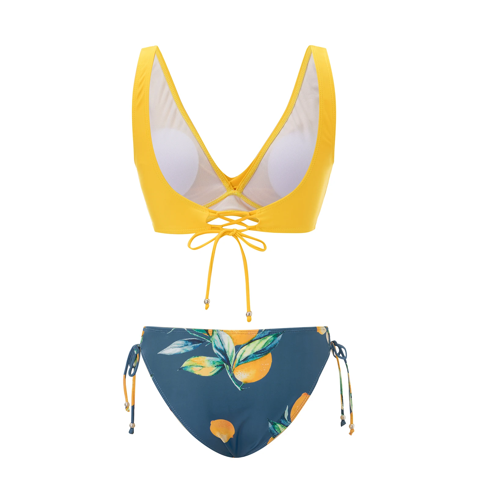 Women's Summer Bikini Solid Color Push Up Swim Tops with Lemon Print Low Waist Thong Swimsuit 2pcs Bathing Suit Beach Swimwear