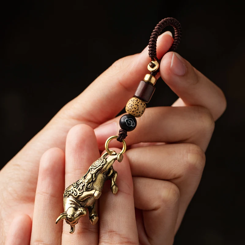 Vintage Brass Bull Lanyard Keychain Pendants Handmade Woven Rope Car Key Chains Hangings Jewelry Fashion Keyrings wholesale