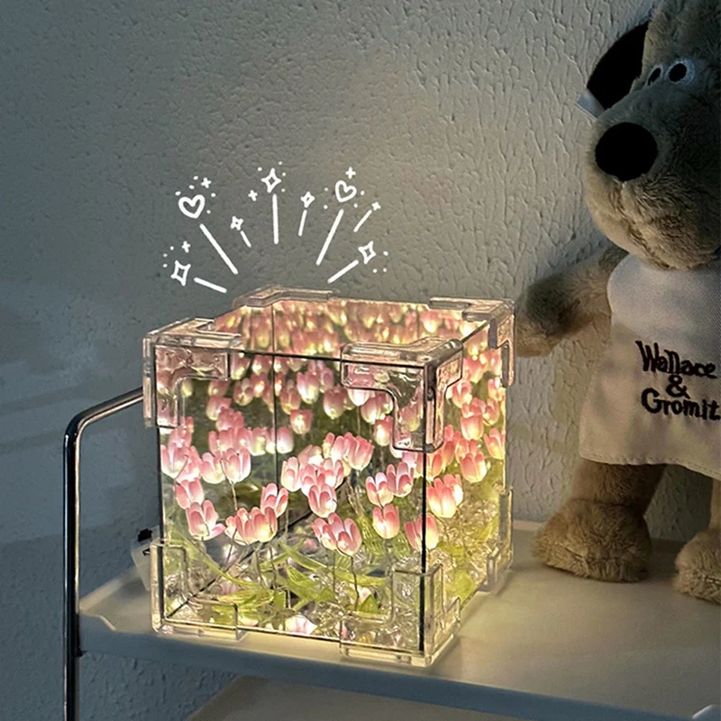 DIY ทิวลิปกระจก Cube โคมไฟจําลองดอกไม้ห้องนอน Sleeping ตาราง Handmade TULIP ขนาดเล็ก Night Light Gift-AT64