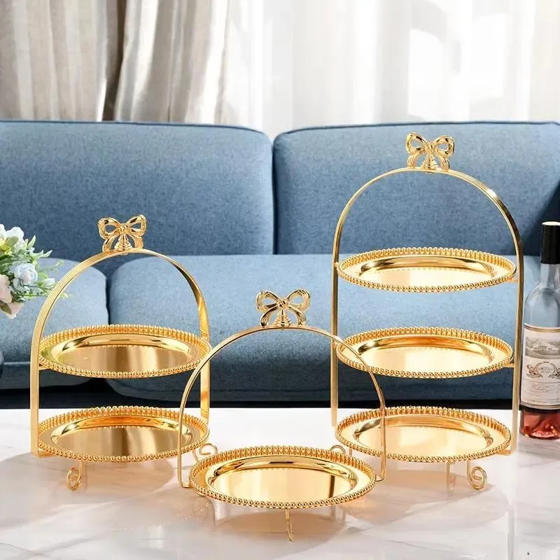Newly designed European round gold layered metal cake stand with bow decoration for wedding or birthday party supplies