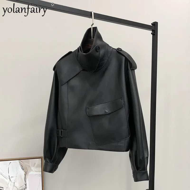 YOLANFAIRY Trendy Large Collar Leather Jacket Women's Short Real Sheepskin Trech Coats Female New in Outwears Korean Fashion