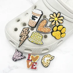 Retro Leopard Print PVC Shoe Charms Badge Coffee Cup Cat Claw Flower Buckle Accessories Cute Garden Shoes Upper Pins Decoration