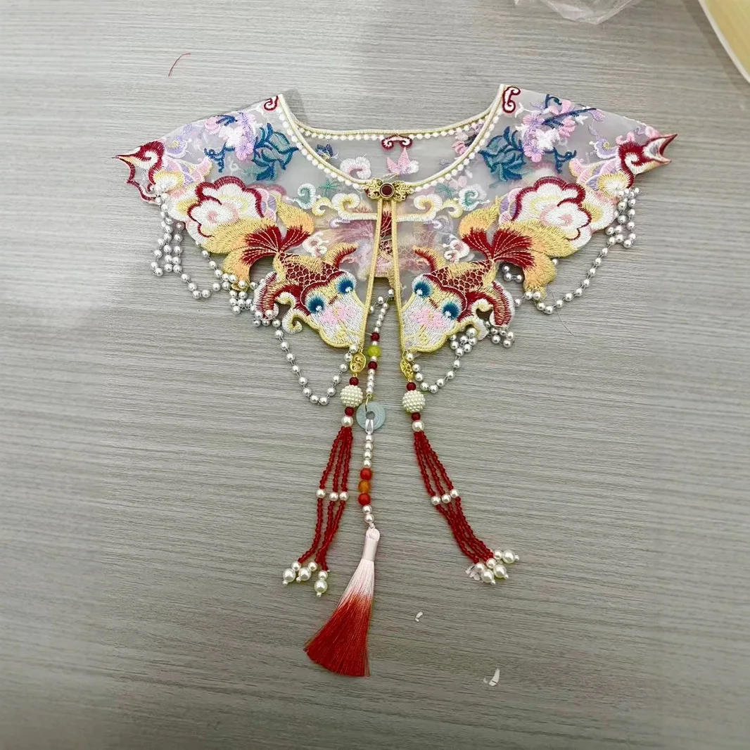 

Hans Style Wraps Luxury Chinese Tradtional Embroidery Pearls Tassel Mesh Collar Cloud Shoulder Pashmina Cachecol Feminino Shawl