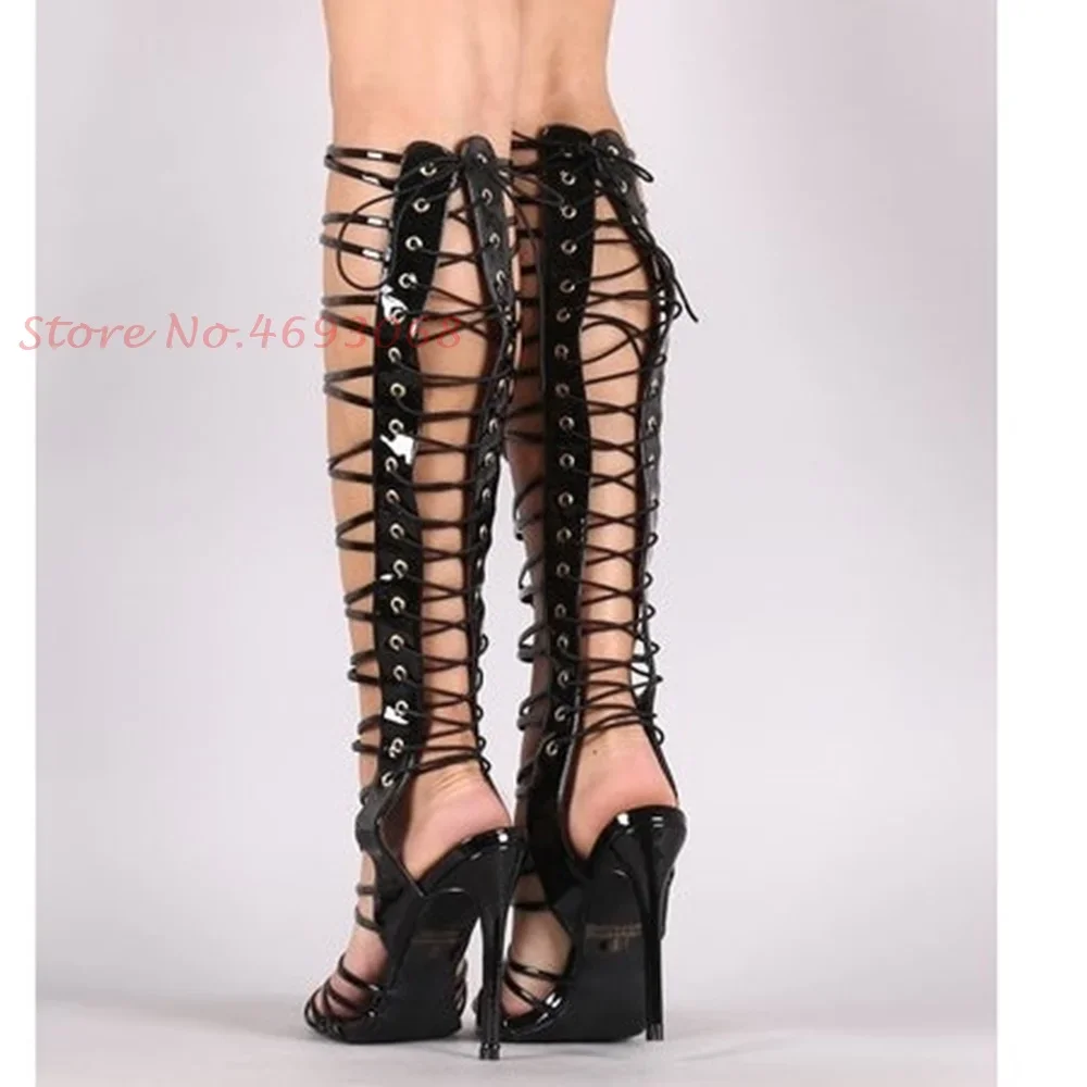 Gold Strappy Knee High Sandals Women Back Lace Up Sexy Female Hollow Cross Strap Sandals Boots Sexy Fashion Open Toe Pumps