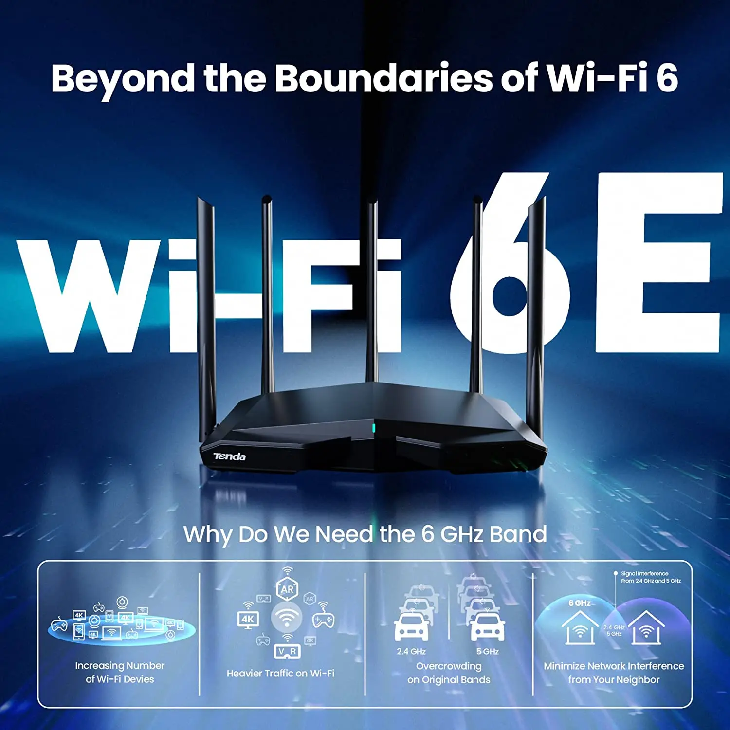 Tenda WIFI6 AXE5700 Tri-Band Gigabit Wi-Fi 6E Router 6GHz 160MHz band QAM Mesh Wireless Reapter OFDMA&MU-MIMO for 4K/8k video