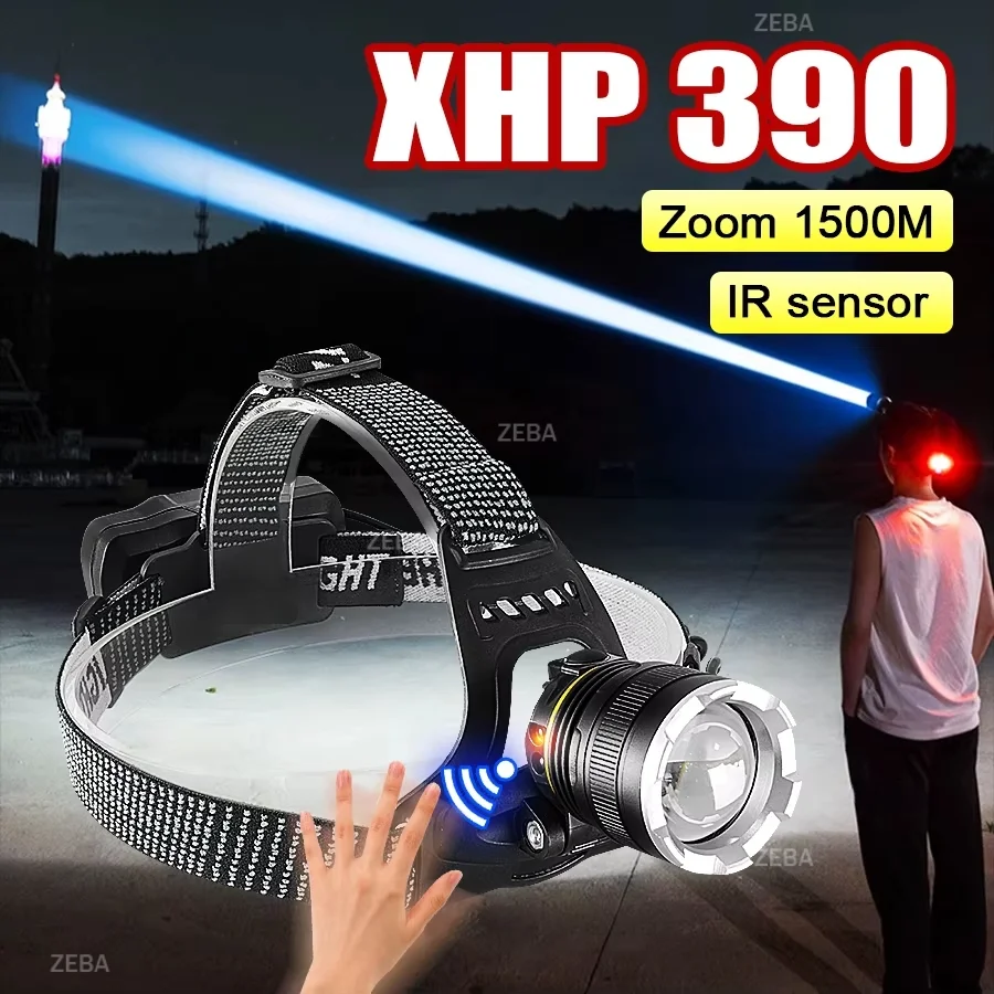 XHP390 Ultra Powerful Headlamp Long Range 1500m with IR Sensor Fishing Headlights 18650 Rechargeable Head Flashlight