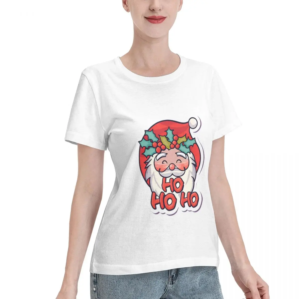 Durable Wear Santa Claus Smiling Face Women's T-shirt Casual Dating Classic Solid Tee