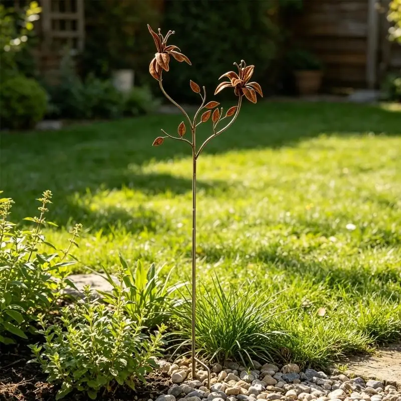 Aged Brown Metal Flower Garden Stake Decoration for Lawn and Flower Plot Use B03E
