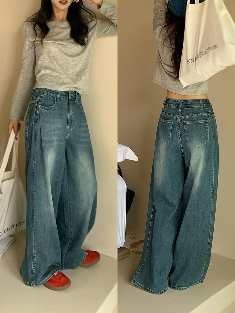 

Washed Denim Wide Leg Pants Floor-Length Jeans Women's Spring Blue Jeans Deep Blue Light Blue Low Waist Cotton Vintage