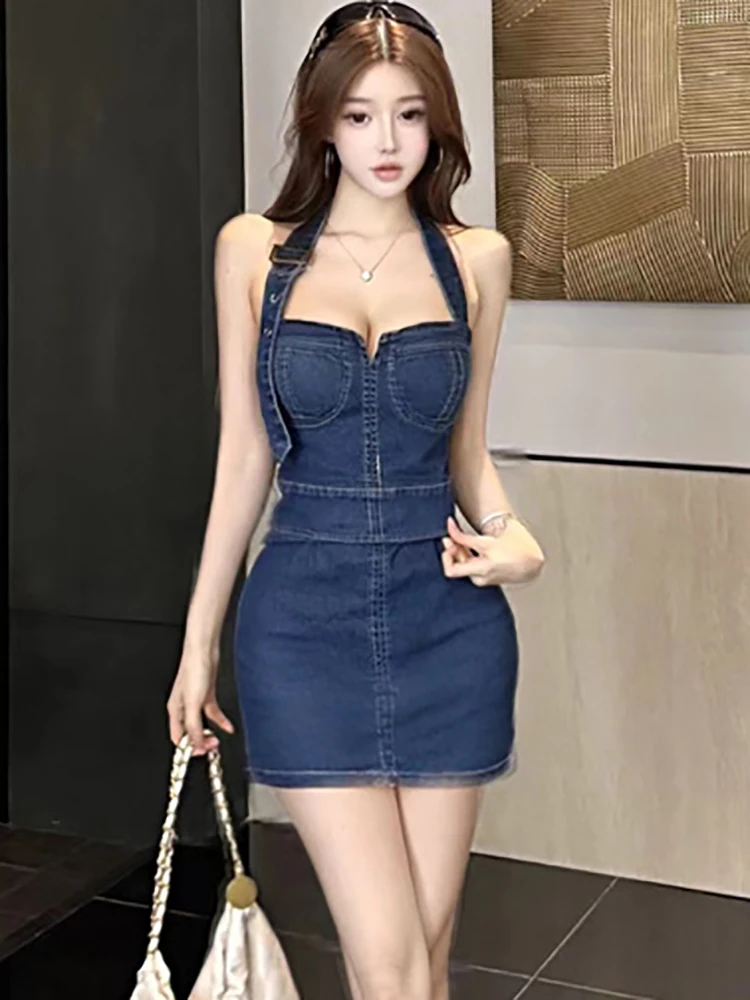 2025 blauwe denim chique hals gemonteerde sexy lange jurk vrouwen koreaanse bodycon split prom dress zomer elegante luxe feestavondjurk