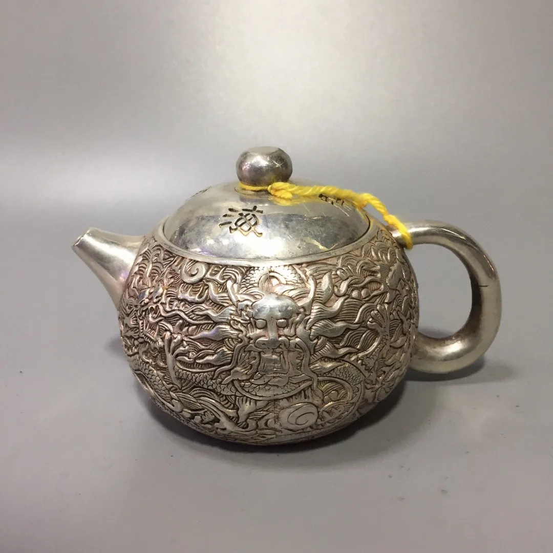 Chinese White Copper Silver Plated Dragon Teapot 5 Dragons Playing with Water Embossed Dragon Kung Fu Tea Set Ornament