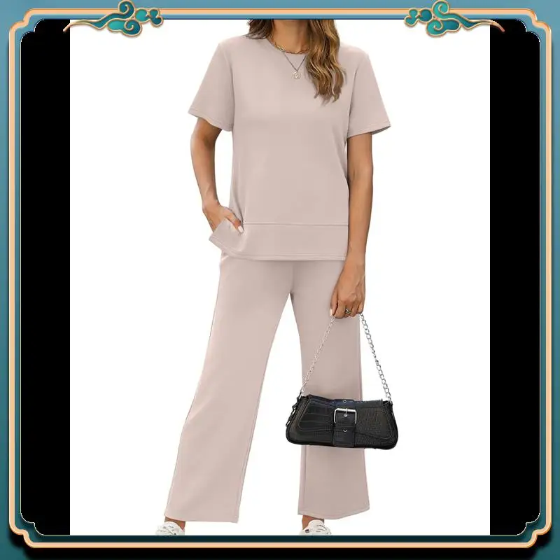 

ABMV-Women's Two-Piece Home Wear Casual Short-Sleeved Sportswear Suit Sportswear Wide-Leg Pants Suit