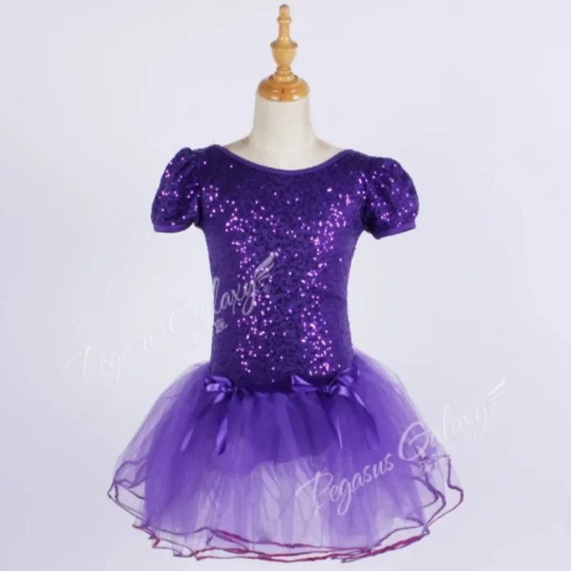 

Girl Purple Sequined with Bow Ballet Tutu Puff Sleeve Stage Performance Dress Children Dance Costume Kid Ballet Dancewear