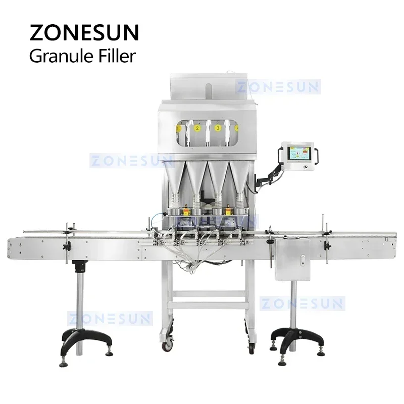 ZONESUN Automatischer Granulatfüller, Waage, 4 Köpfe, Nüsse, Bohnen, Getreide, Samen, Partikelflaschen, Wiege, Abfüllmaschine ZS-GW4