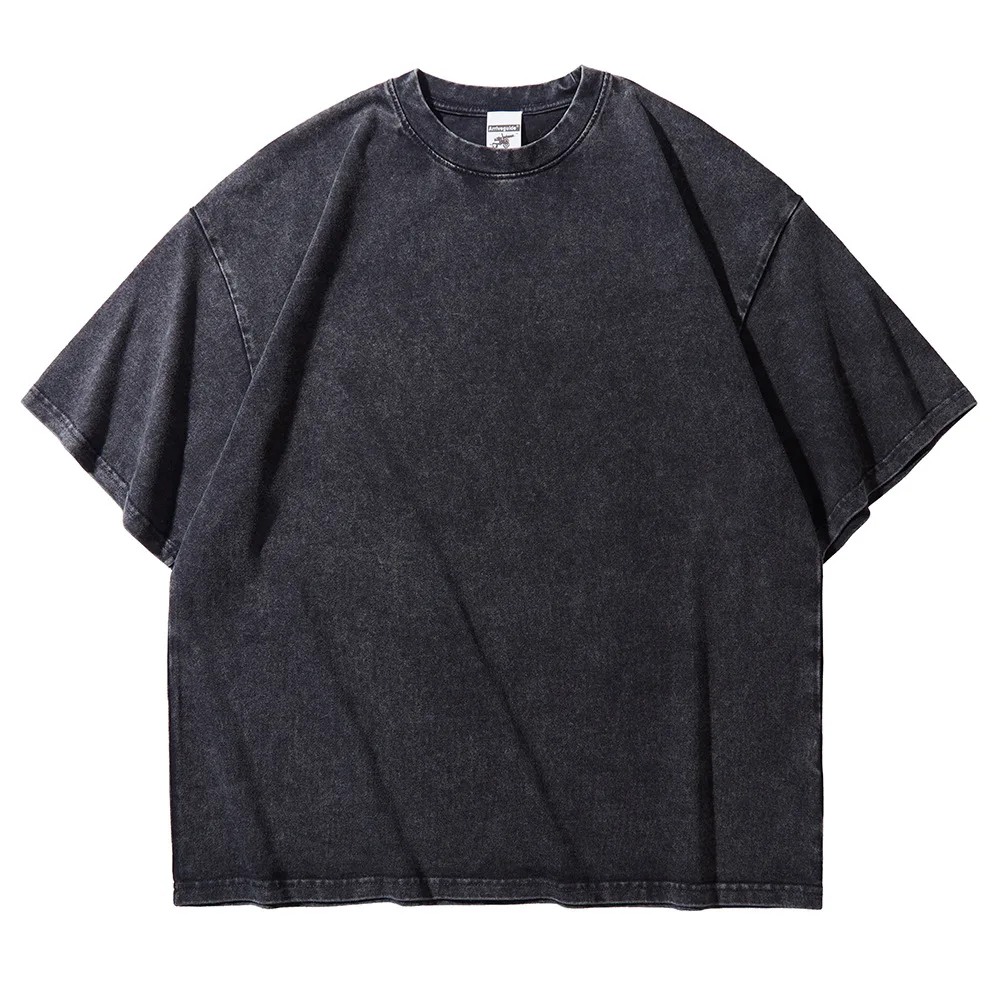 250g Mens Plus Size 100% Cotton T-shirts Summer Acid Washed Plain Casual Tee O-neck Dropshoulder Sleeve Oversized Tops Unisex