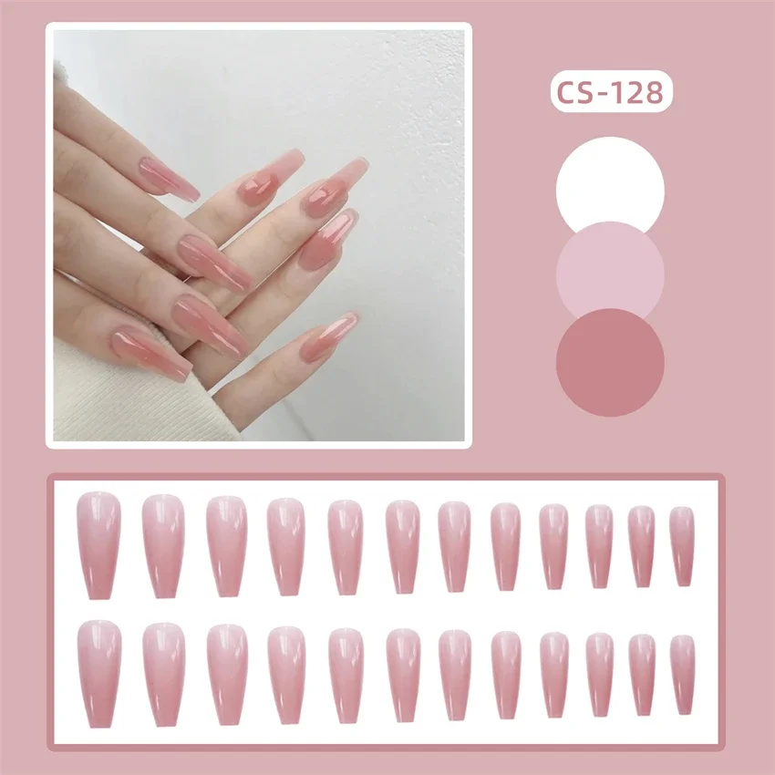 24Pcs/Set Long Mittens Design Stick Press on Nail French Removable Acrylic Wearing False Nails Minimalist Design Fake Nail Tips