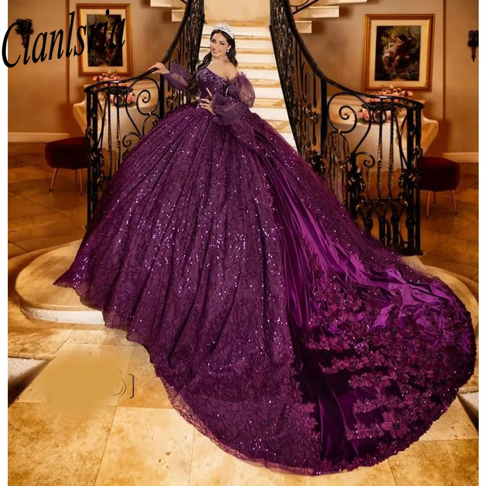 Luxo roxo Quinceanera Vestidos, Princesa Apliques, Flores, Vestido de festa, 15 Festa, 2023