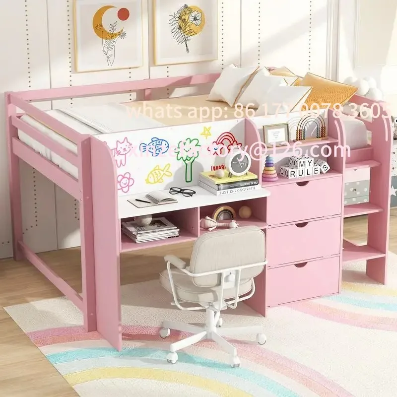 

Customizable Full Size Low Loft Bed with Built-in Desk, Storage Cabinets, Open Bookcase, and Whiteboard, Pink