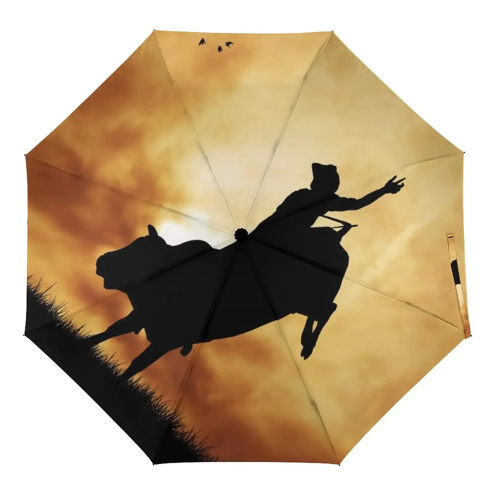 Bull Rider Silhouette at Sunset Dramatic Sky Rural Countryside Landscape Rodeo Travel Umbrella Windproof Manual Parasol