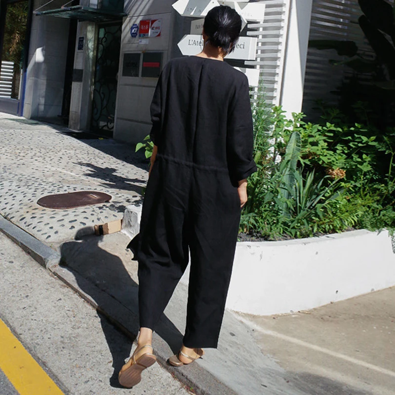 Johnature Korean Simple V-neck Women Jumpsuits 2025 Spring New Loose Button Ankle-length Female Bodysuits