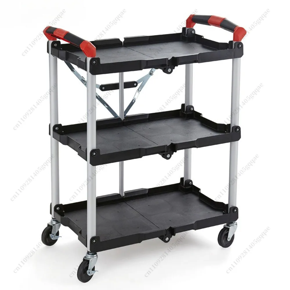 Multifunctional Three-layer Foldable Plastic Service Trolley with Wheels for Storage and Organization