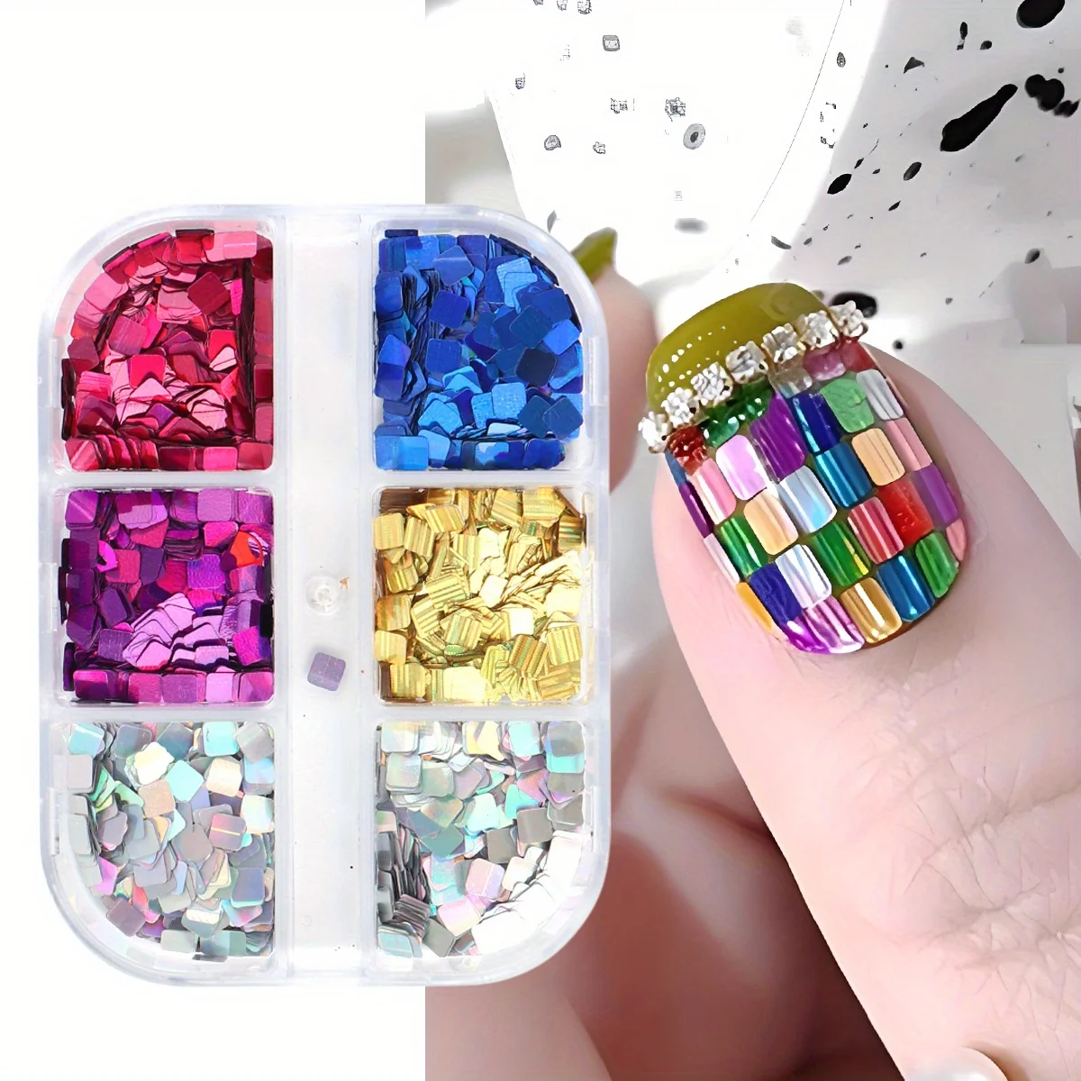 6 Grids Laser Square Nail Art Sequins Mosaic Holographic Simple Glitter Flakes Chessboard Plaid Decor Paillette Manicure Sparkly