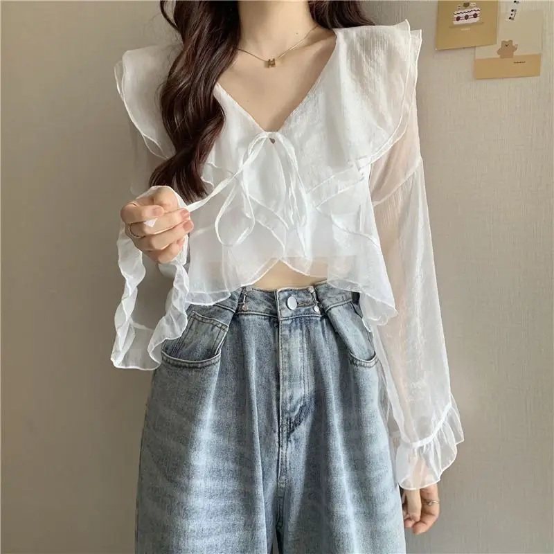 

Sweet Thin Lacing Patchwork T Shirts Summer New Long Sleeve Solid Color All-match Short Korean Tops Fashion Sexy Women Clothing