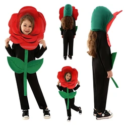 Kids Rose Flower Cosplay Boys Girls Fantasy Jumpsuit Hat Campus Stage Performance Costume Halloween Carnival Party Disguise Suit