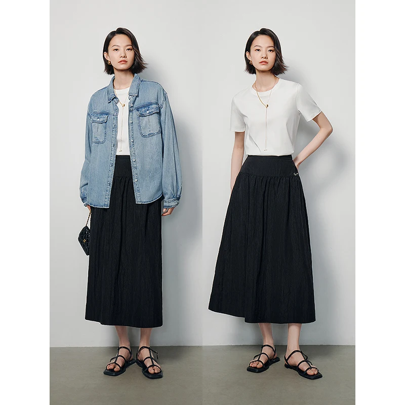 TOYOUTH Women Skirt 2024 Spring New Pleats Askew High Elastic Waist A-Line Pocket Skirt Umbrella Skirt