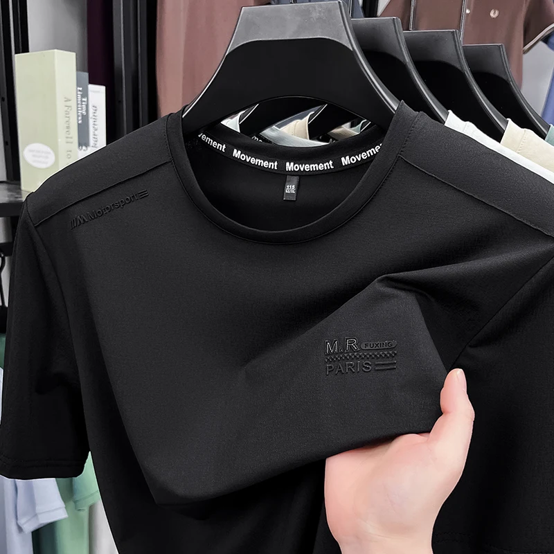 العلامة التجارية الفاخرة أزياء إلكتروني تنقش قصيرة الأكمام تي شيرت الراقية حريري ناعم تنفس بارد مريح الرجال جولة الرقبة أعلى #4