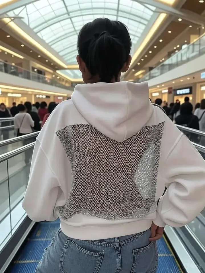 Backless Sheer Mesh Oversized Hoodie for Women Y2K Gothic Sweetheart Casual Pullover Jacket