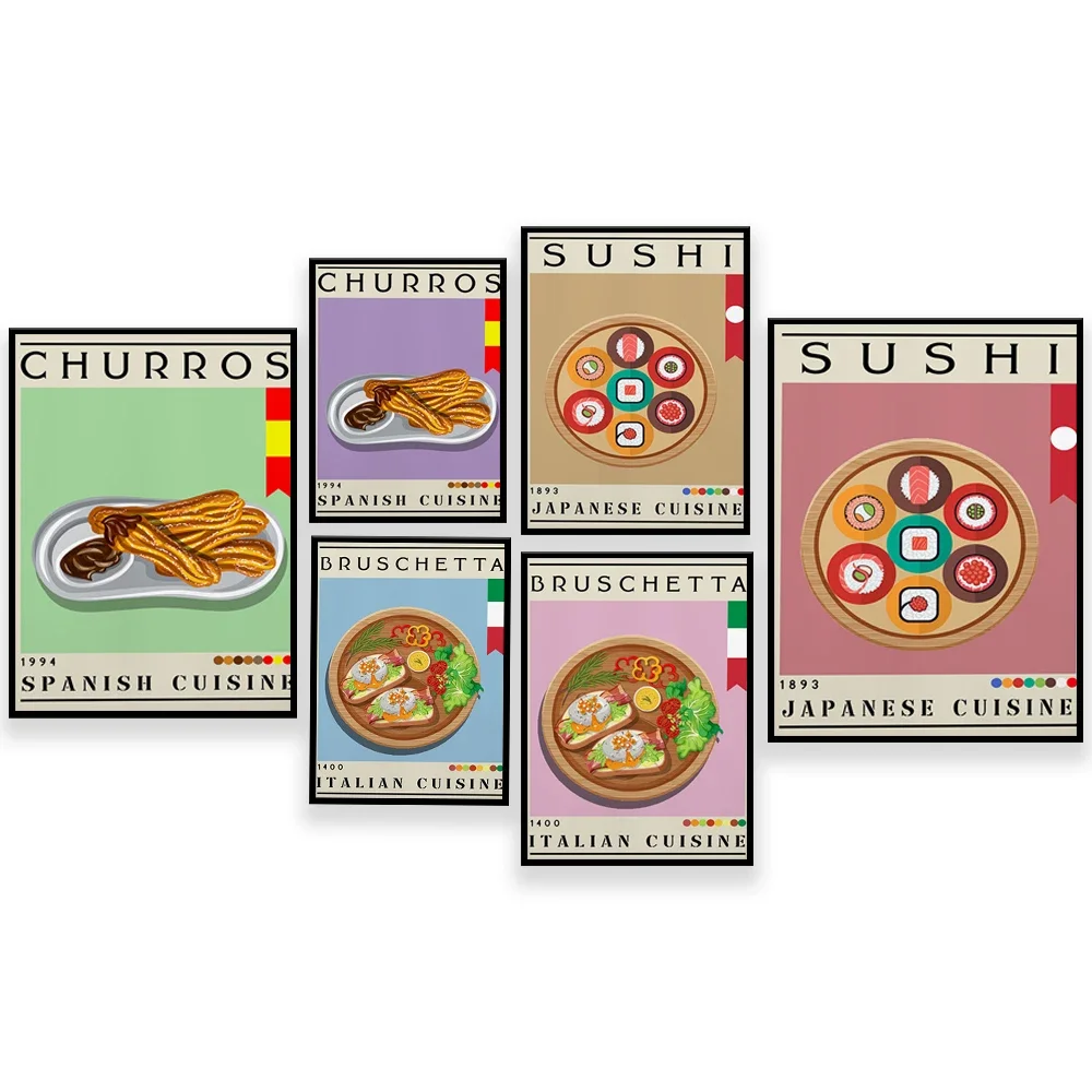 

Churros Spanish cuisine, Japanese sushi, food print poster, housewarming gift, kitchen decor, medieval poster, minimalist print