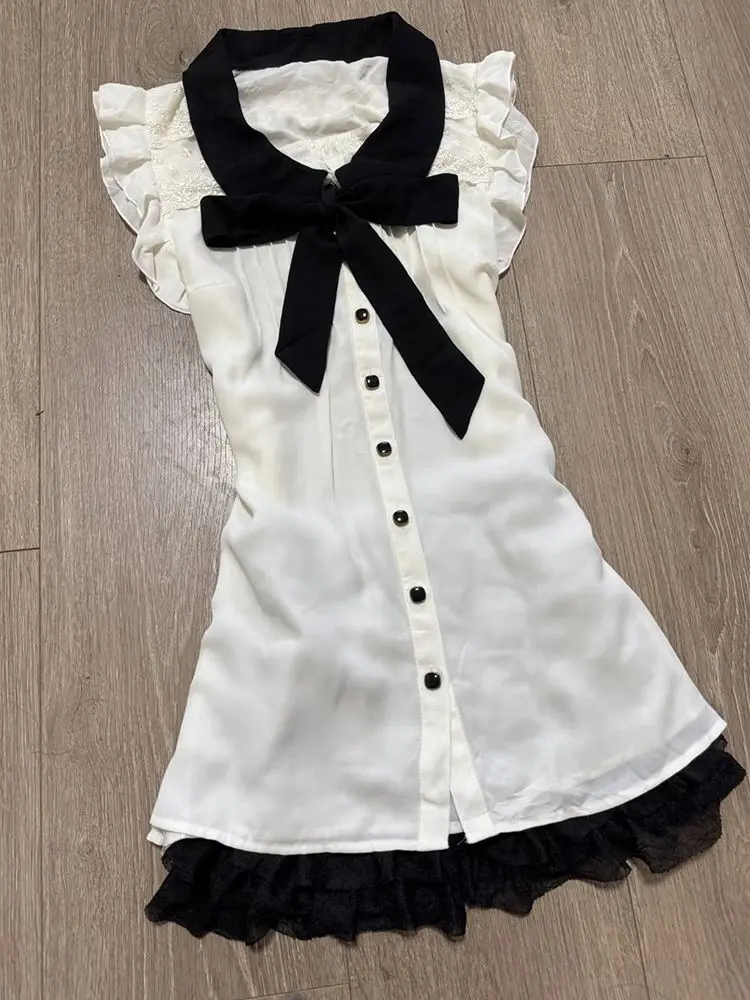 Francês vintage doce arco costura vestido feminino novo design moda mangas voadoras vestidos finos verão estético retro y2k outfits