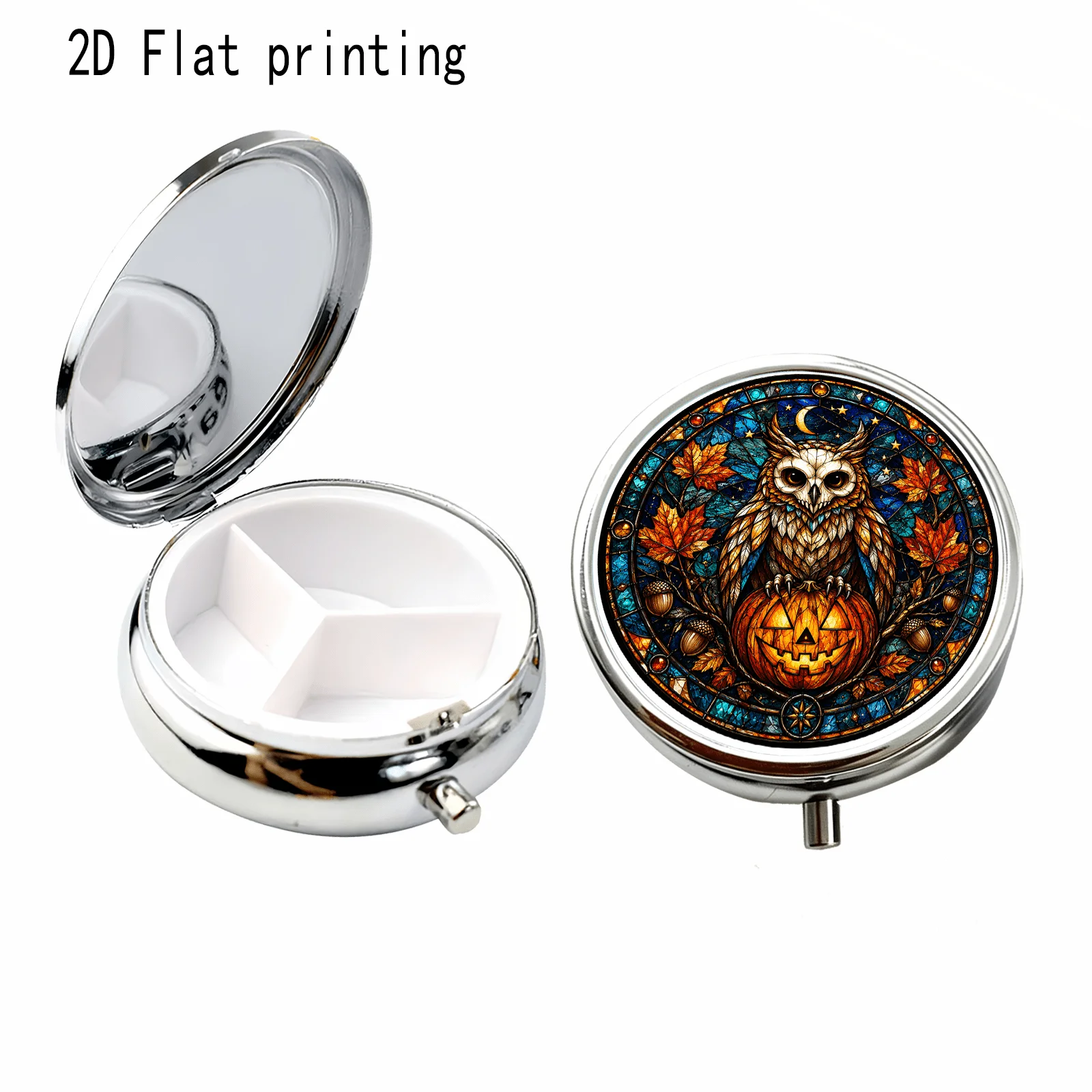 1Pc Round Pill Box with Halloween Owl and Pumpkin Window Art, Halloween Retro Window Style Flat Printing High-Value Small Pill Box with Three Compartments, Portable Dispenser Box, Mini Metal Jewelry Box, Press-Open Jewelry Box, Pill Storage, Moisture-Proof Storage, Suitable for Daily Gifts, Metal Material, Durable Plastic