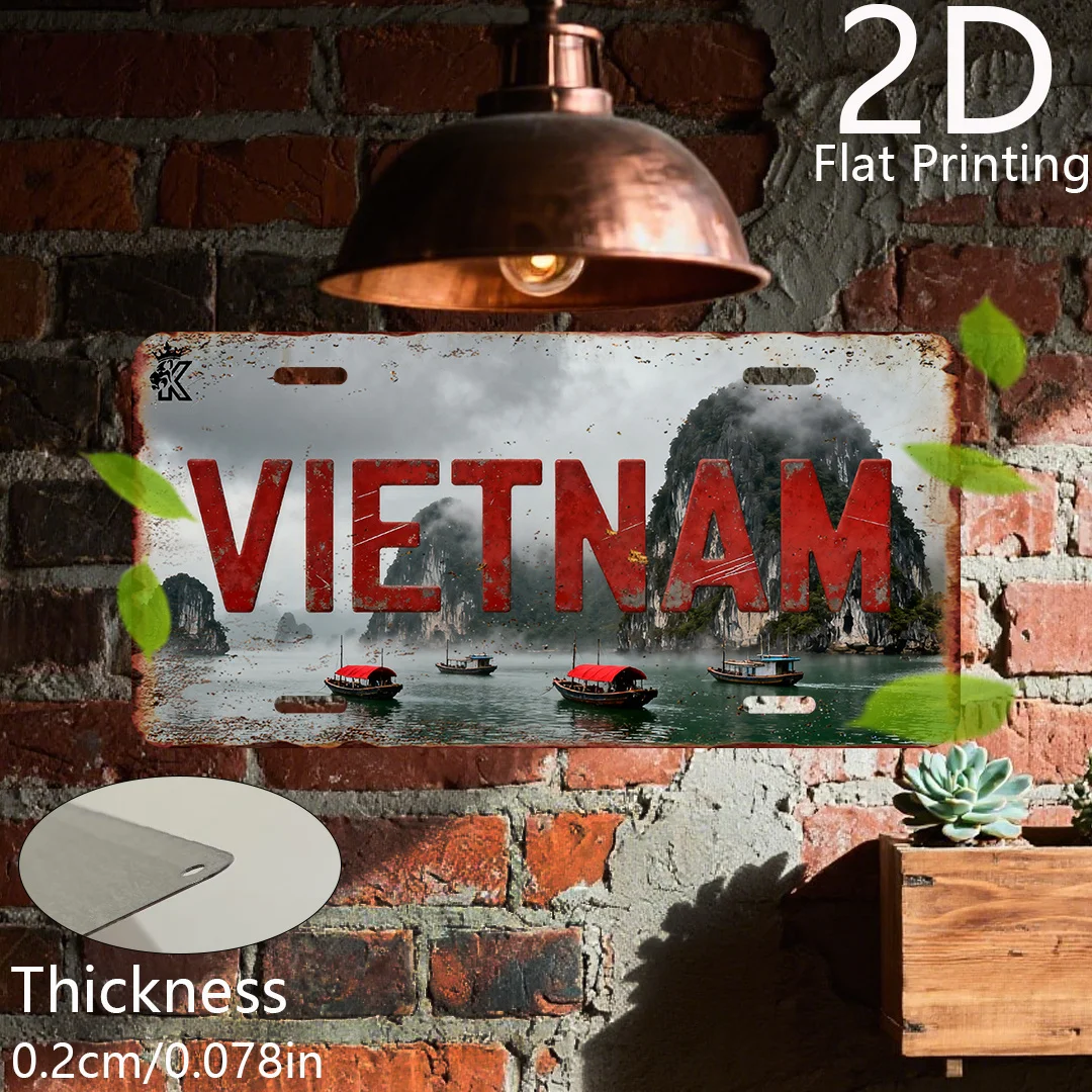 Vietnam Ha Long Bay Traditional Junk Boat 2D Flat Printing Retro License Plate Style Metal Tin Sign, Vintage Travel Souvenir Wal