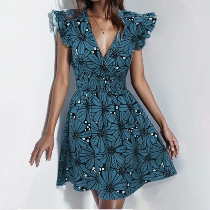

TOY-2025Spring New Women's ClothingVWaist-Cinching Sexy Ruffle Print French Dress