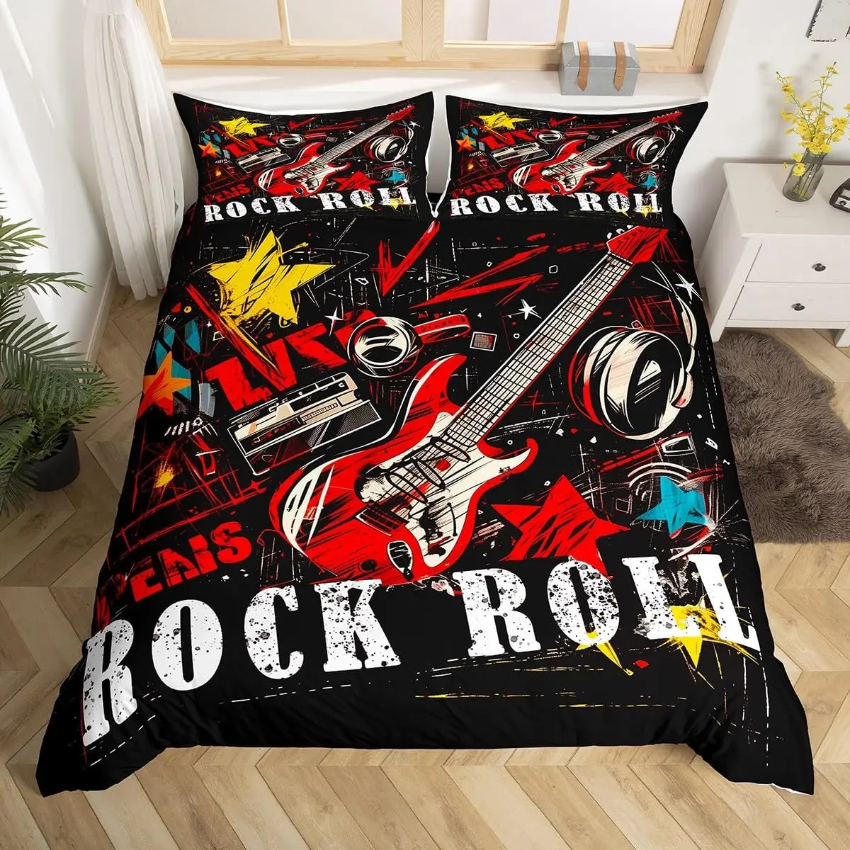 Guitar Duvet Cover Twin Queen Size Rock Music Theme Comforter Cover Musical Instrument Bedding Set For Boys Girls Room Decor