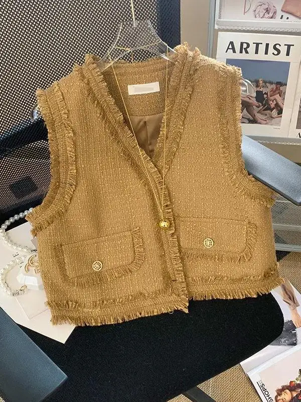 

Невобычный тканый жилет с кисточками, женский тюжет, новинка весны и осени 2025, высококачественный чувственный внутренний жилет irt ort Sle V-Ne Single ...