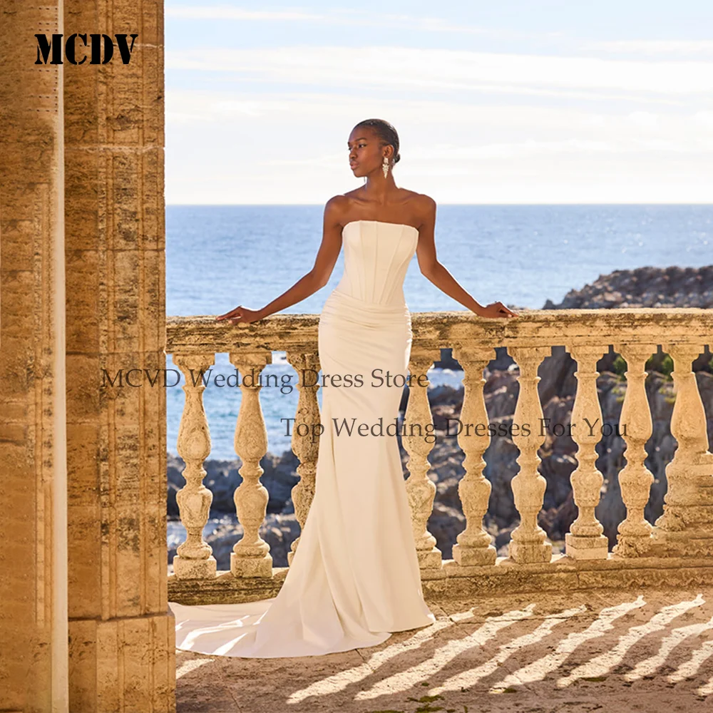

MCDV Satin Weddings Dresses Bridal 3D Flowers Strapless Mermaid Backless vestido de novia para boda Detachable Train Customized