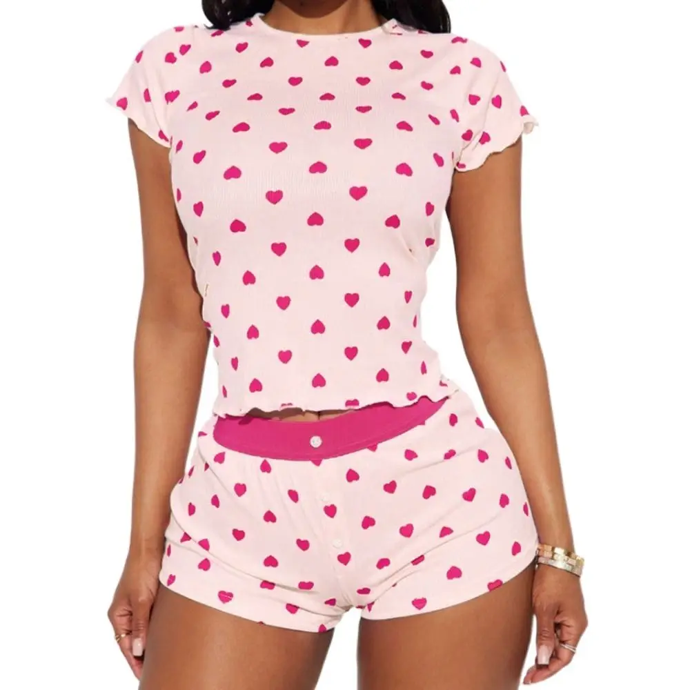 

Soft Sweet Short Sleeve Pajamas Set Thin Heart Camisole Shorts Nightdress Homewear Euffle Two Pieces Nightwear Summer