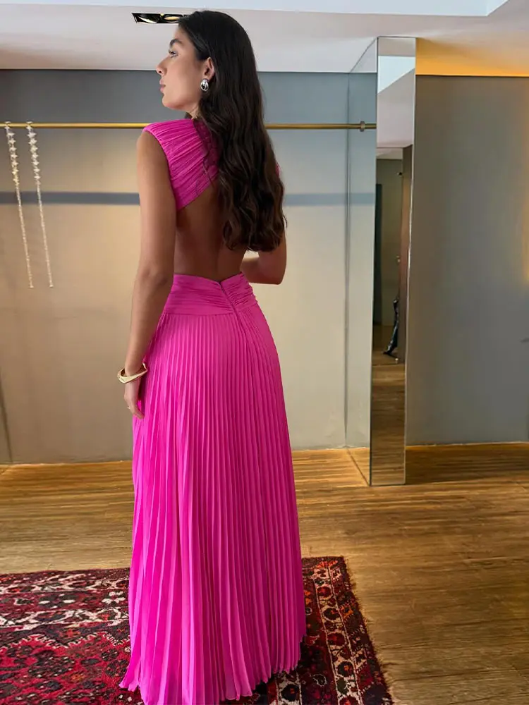 Plissiertes Taillenschnürendes Langes Kleid Damen Sexy Rundhals Ärmellos Rückenfrei Schlankes Party-Abendkleid Charmante Damen-Partykleidung – Detail 30