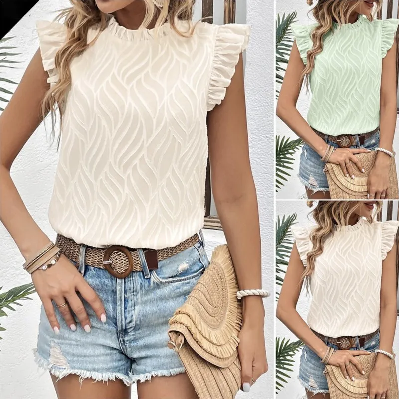 2024 Summer Women\'s Casual Chiffon Blouses Vest Ruffled Neck Top Fresh Sweet Elegant Women Shirts Office Lady Fashion Clothing